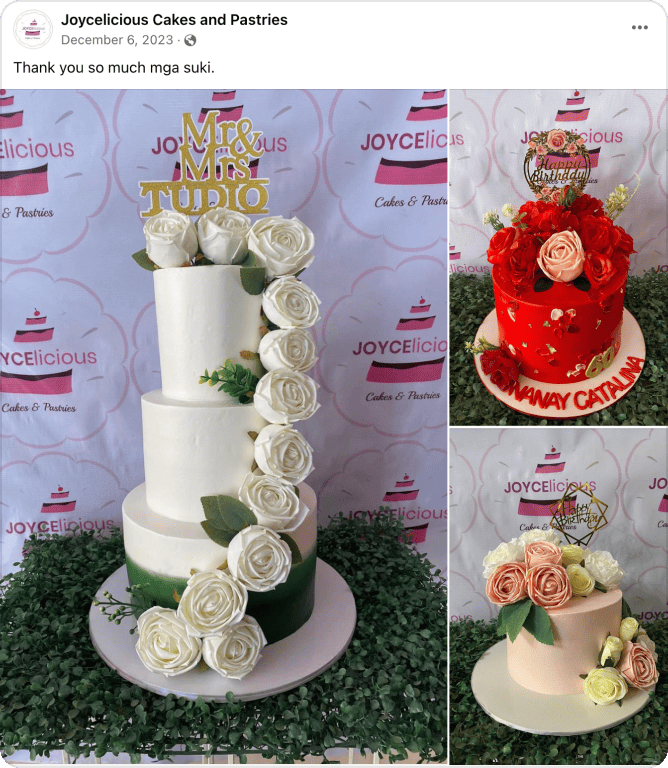 Joycelicious Cakes Facebook post