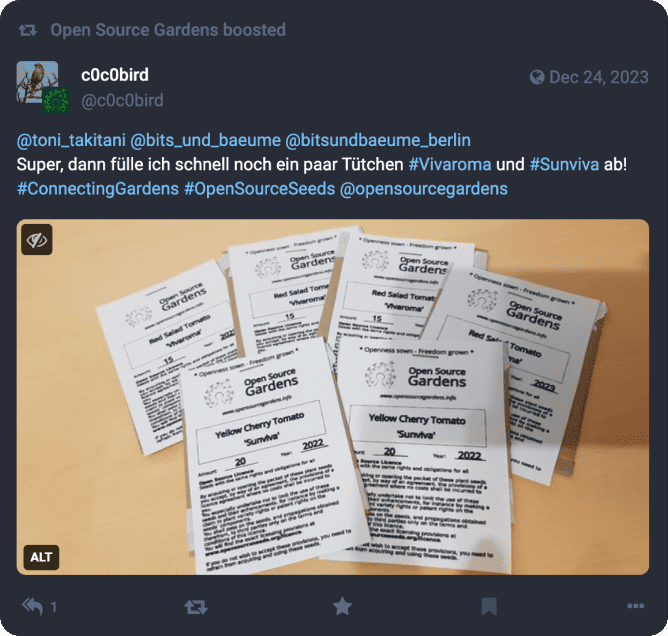 Open Source Gardens Mastodon post